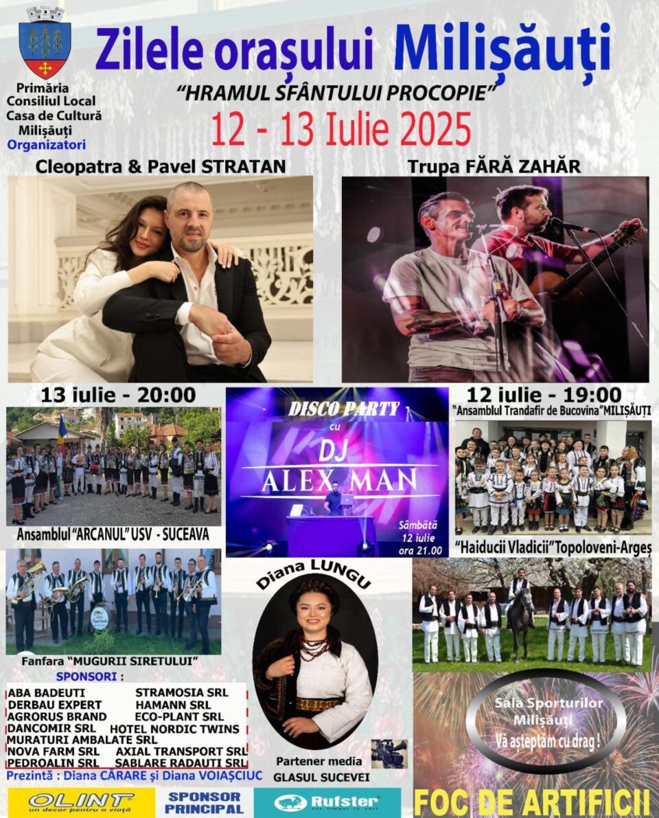 Trupa Fără Zahăr și Cleopatra și Pavel Stratan vor concerta la Zilele Orașului Milișăuți