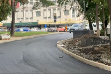 Stratul de uzură, turnat pe strada Ștefan Dracinschi, la care se lucrează din mai