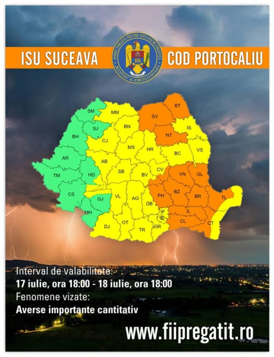 Cod Portocaliu de precipitații abundente pentru tot județul Suceava