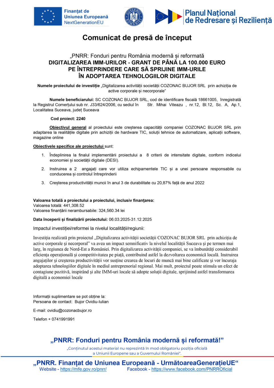 Digitalizarea activității societății COZONAC BUJOR SRL  prin achiziția de active corporale și necorporale