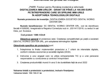 DIGITALIZAREA SOCIETĂȚII DENTAL WORKS CENTER SRL