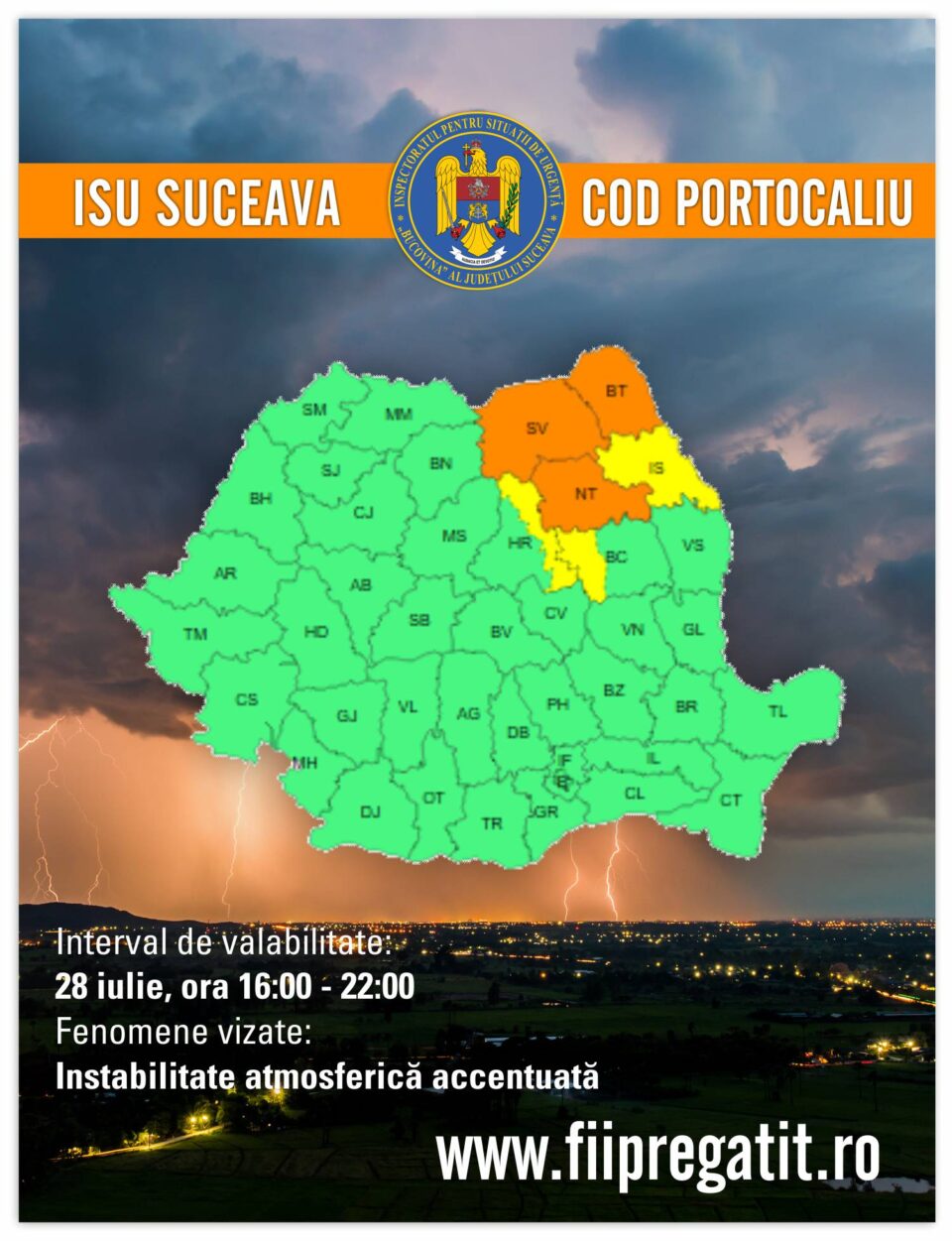 Un nou Cod Portocaliu de ploi abundente și grindină, luni, după ora 16.00