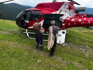 Ciobanii rămași izolați în munții din zona Broșteni au fost aprovizionați cu alimente cu ajutorul unui elicopter