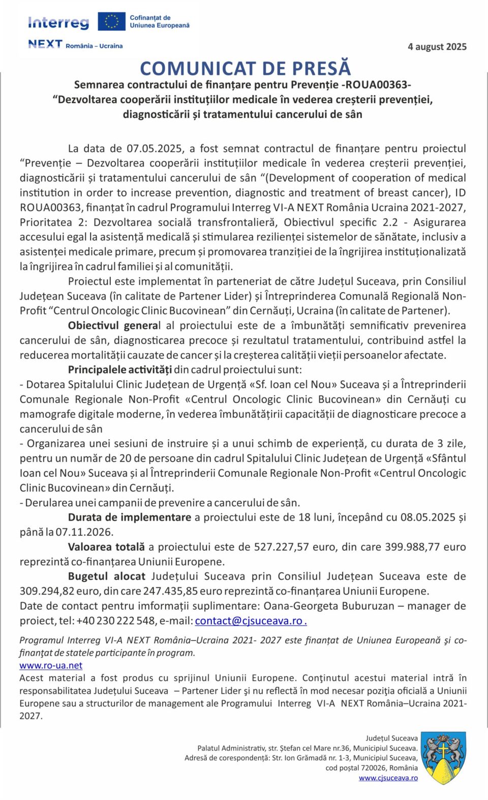 „Dezvoltarea cooperării instituțiilor medicale în vederea creșterii prevenției,  diagnosticării și tratamentului cancerului de sân”