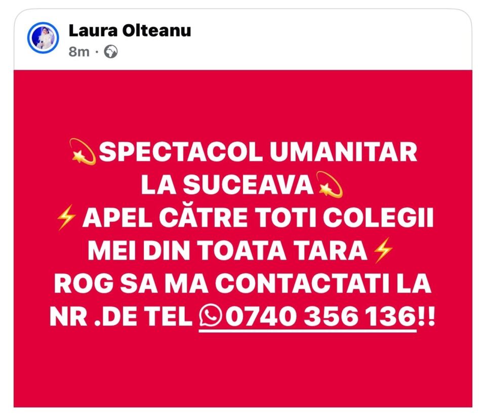 Spectacol umanitar organizat de Laura Olteanu, la Suceava, pentru sinistrații din zonele afectate de inundații