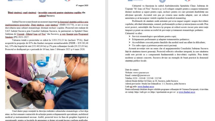 Dinți sănătoși, copii sănătoși – investiție concretă pentru sănătatea copiilor din județul Suceava