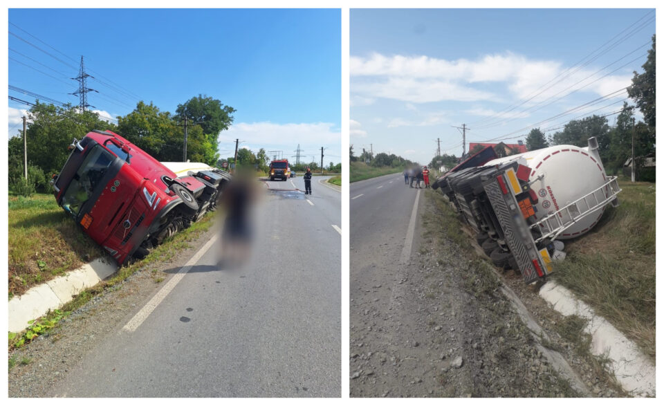 Autocisternă încărcată cu 16 tone de motorină, răsturnată la Dolhasca