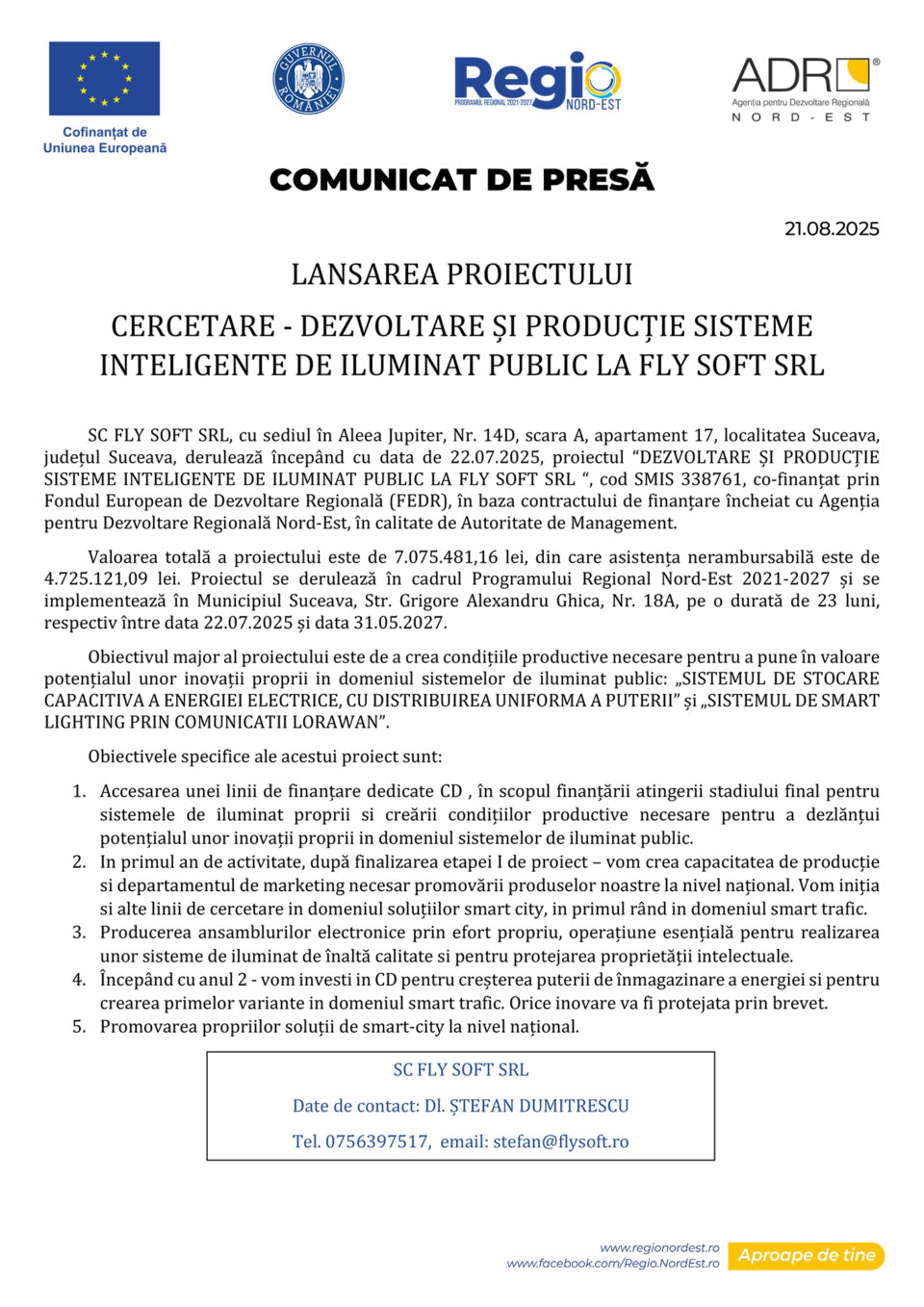 LANSAREA PROIECTULUI CERCETARE – DEZVOLTARE ȘI PRODUCȚIE SISTEME INTELIGENTE DE ILUMINAT PUBLIC LA FLY SOFT SRL