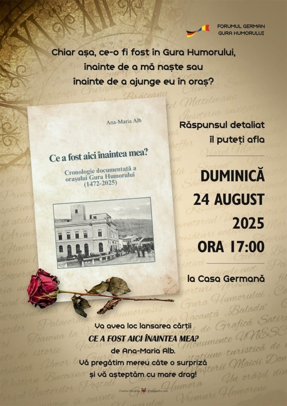 Lansare de carte, duminică, la Casa Germană din Gura Humorului