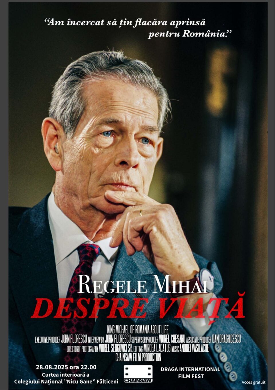 „Regele Mihai – despre viață”, film ce va rula în curtea interioară a Colegiului Național „Nicu Gane” din Fălticeni