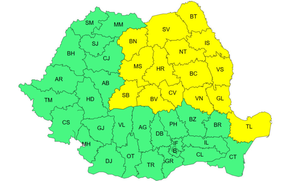 Cod galben de vreme rea până duminică seara, în 15 județe