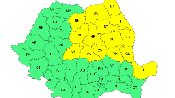 Cod galben de vreme rea până duminică seara, în 15 județe