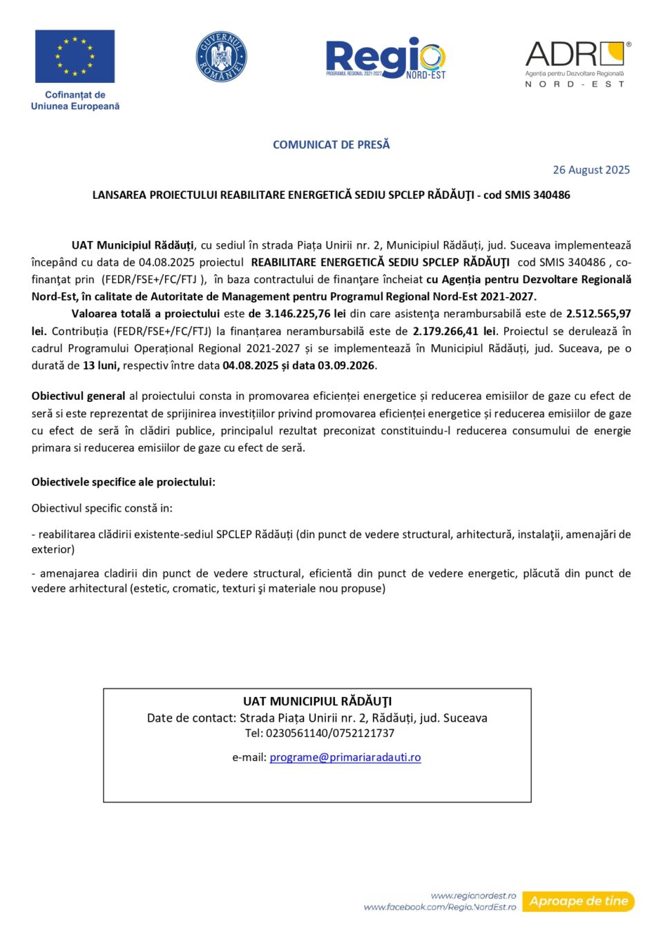 LANSAREA PROIECTULUI REABILITARE ENERGETICĂ SEDIU SPCLEP RĂDĂUŢI – cod SMIS 340486