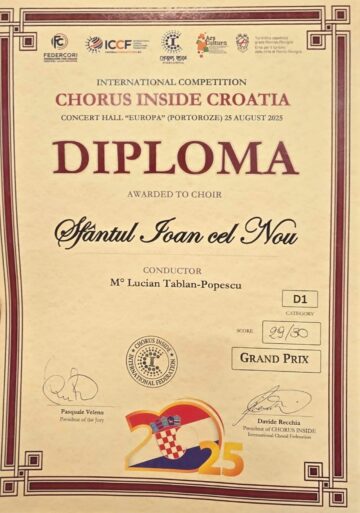 Corala „Sfântul Ioan cel Nou” se întoarce cu Marele Trofeu din Croația, de la competiția Chorus Inside