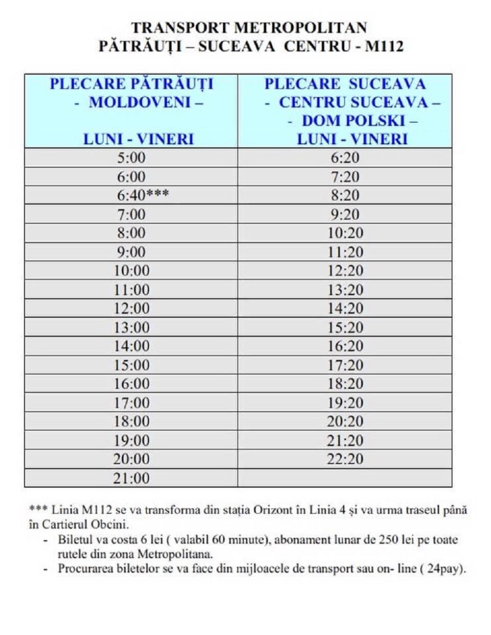 Orar traseu metropolitan Suceava - Pătrăuți luni-vineri