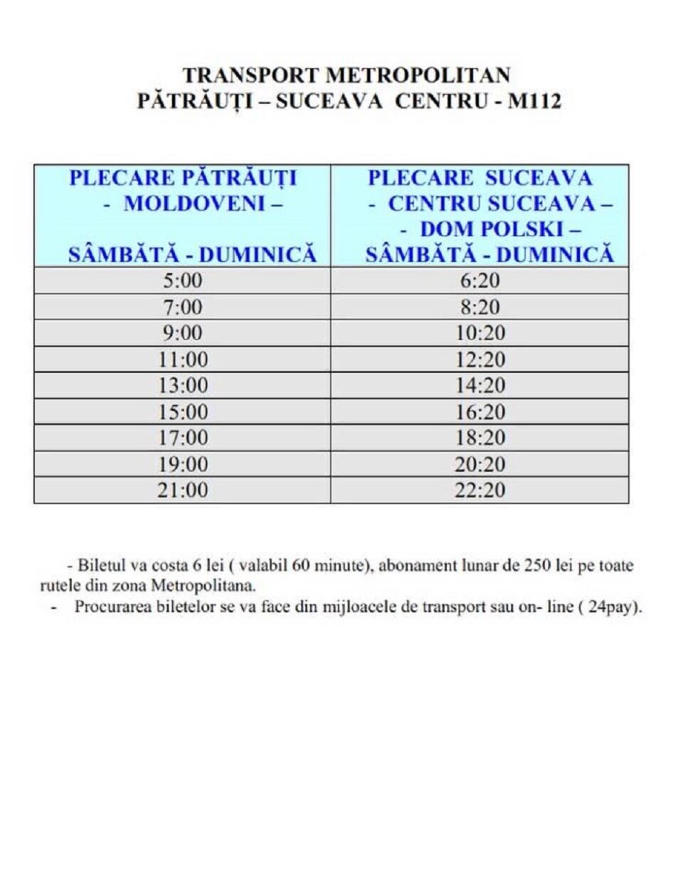 Orar traseu metropolitan Suceava - Pătrăuți sâmbătă - duminică