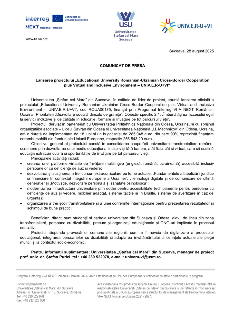 Lansarea proiectului „Educational University Romanian-Ukrainian Cross-Border Cooperation plus Virtual and Inclusive Environment – UNIV.E.R-U+VI”