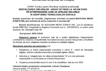 Digitalizarea activitatii societatii BUCOVINA MEDIA EVENTS SRL prin achizitia de active corporale si necorporale