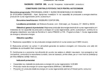 Începerea implementării proiectului Construire centrală fotovoltaică pentru autoconsum