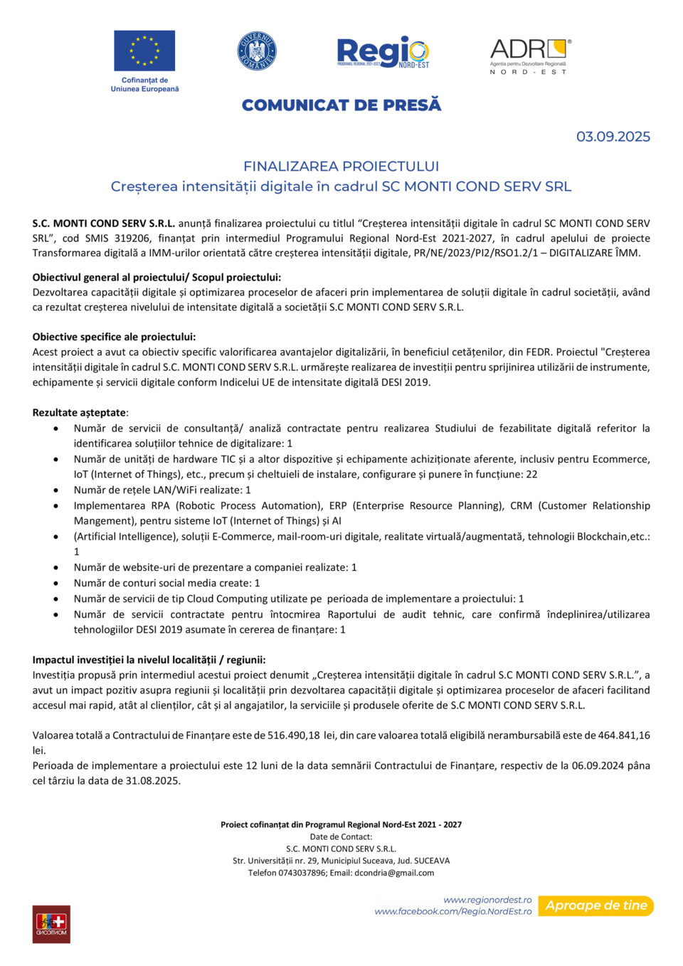 Finalizarea proiectului Creșterea intensității digitale în cadrul SC MONTI COND SERV SRL