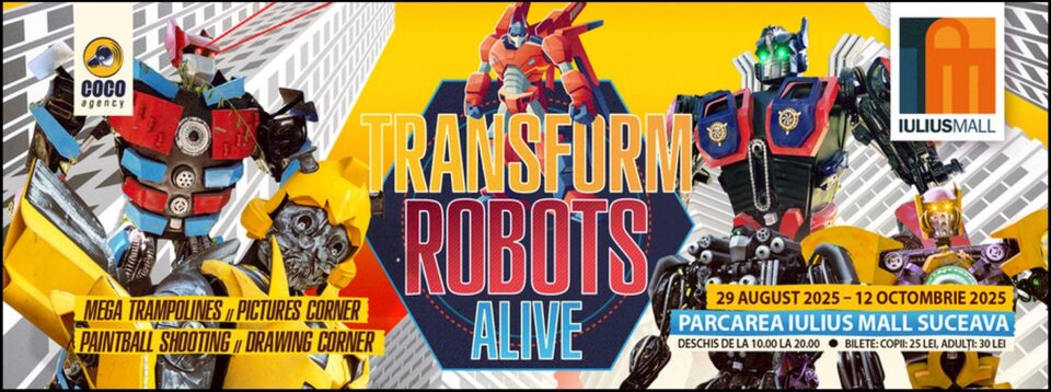 14 roboți giganți s-au instalat în parcarea de la Iulius Mall Suceava