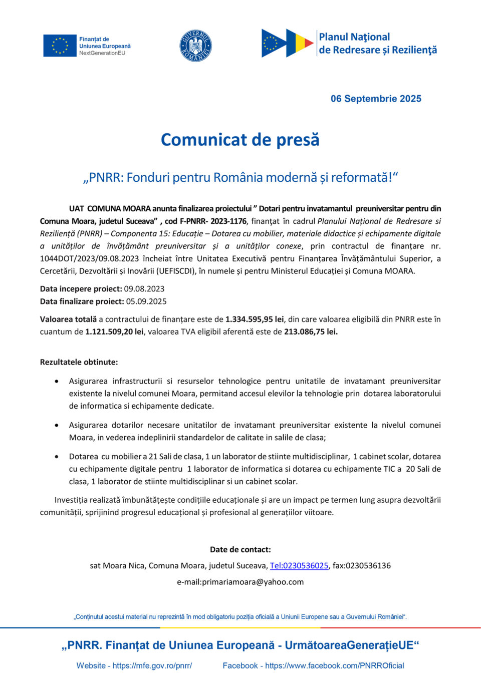 Finalizarea proiectului ” Dotari pentru invatamantul  preuniversitar pentru din Comuna Moara, judetul Suceava