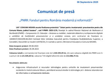 Finalizarea proiectului ” Dotari pentru invatamantul  preuniversitar pentru din Comuna Moara, judetul Suceava