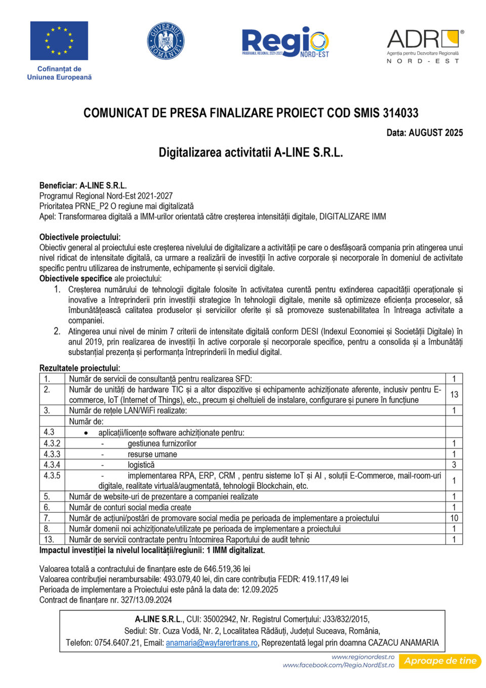 Finalizare Proiect Digitalizarea activitatii A-LINE S.R.L. Finalizare Proiect Digitalizarea activitatii A-LINE S.R.L.