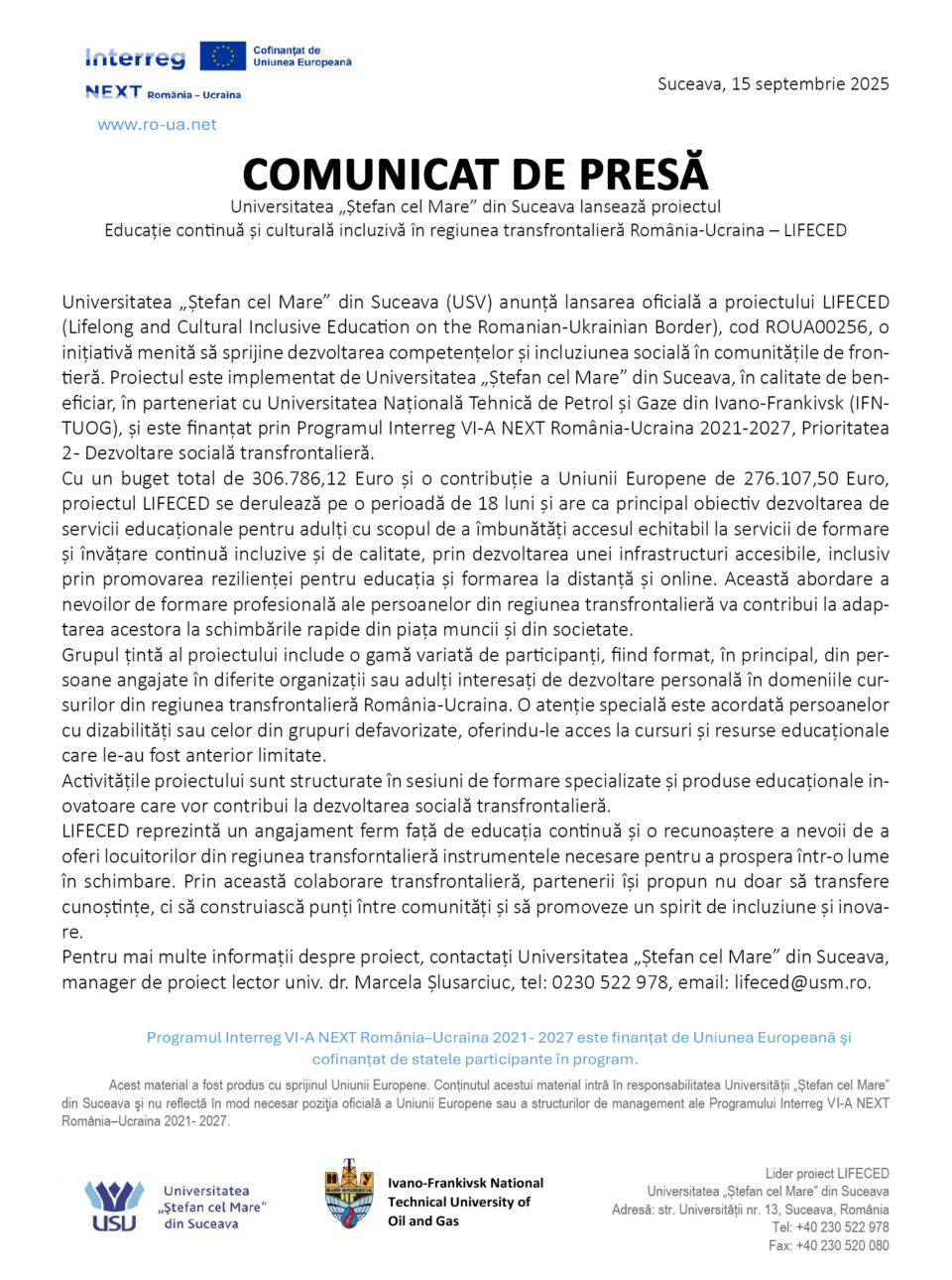 Universitatea „Ștefan cel Mare” din Suceava lansează proiectul Educație continuă și culturală incluzivă în regiunea transfrontalieră România-Ucraina – LIFECED