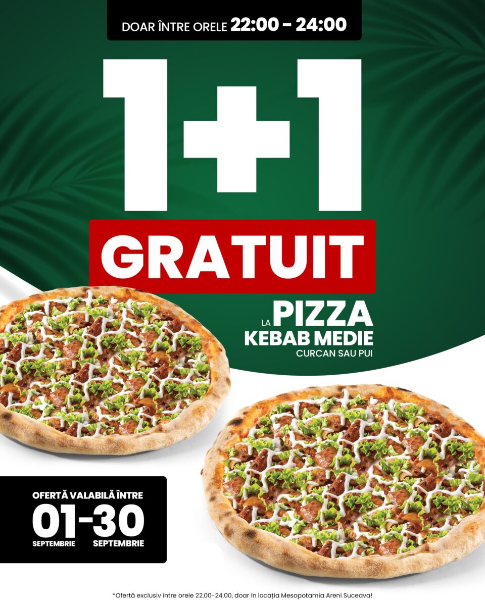 Seara e mai gustoasă la Mesopotamia Areni: 1+1 Gratuit la Pizza Kebab medie