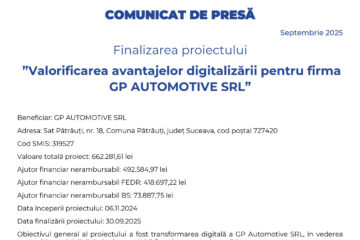 Finalizarea proiectului ”Valorificarea avantajelor digitalizării pentru firma GP AUTOMOTIVE SRL”