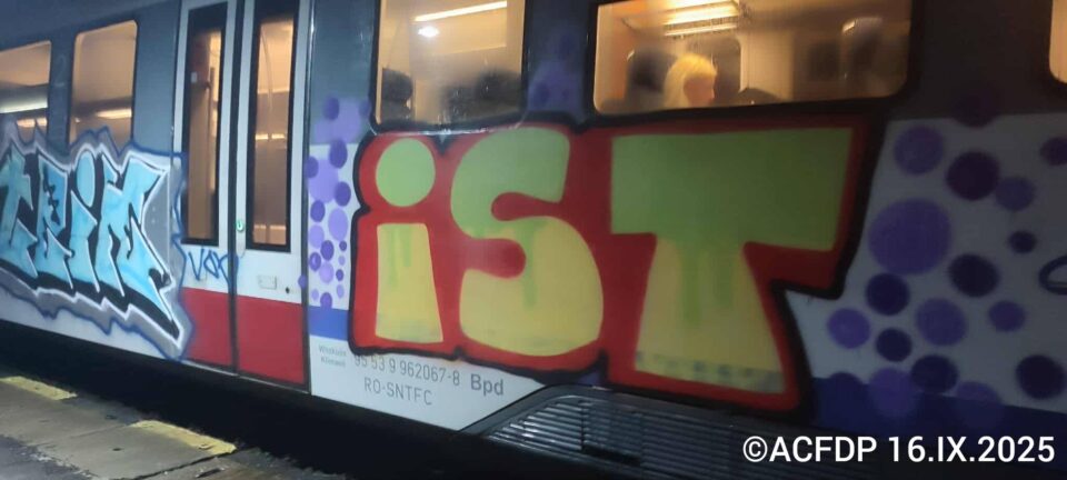 Trenul de Putna și vagoane ale mocăniței de la Moldovița,  mâzgălite de ”artiștii” în grafitii