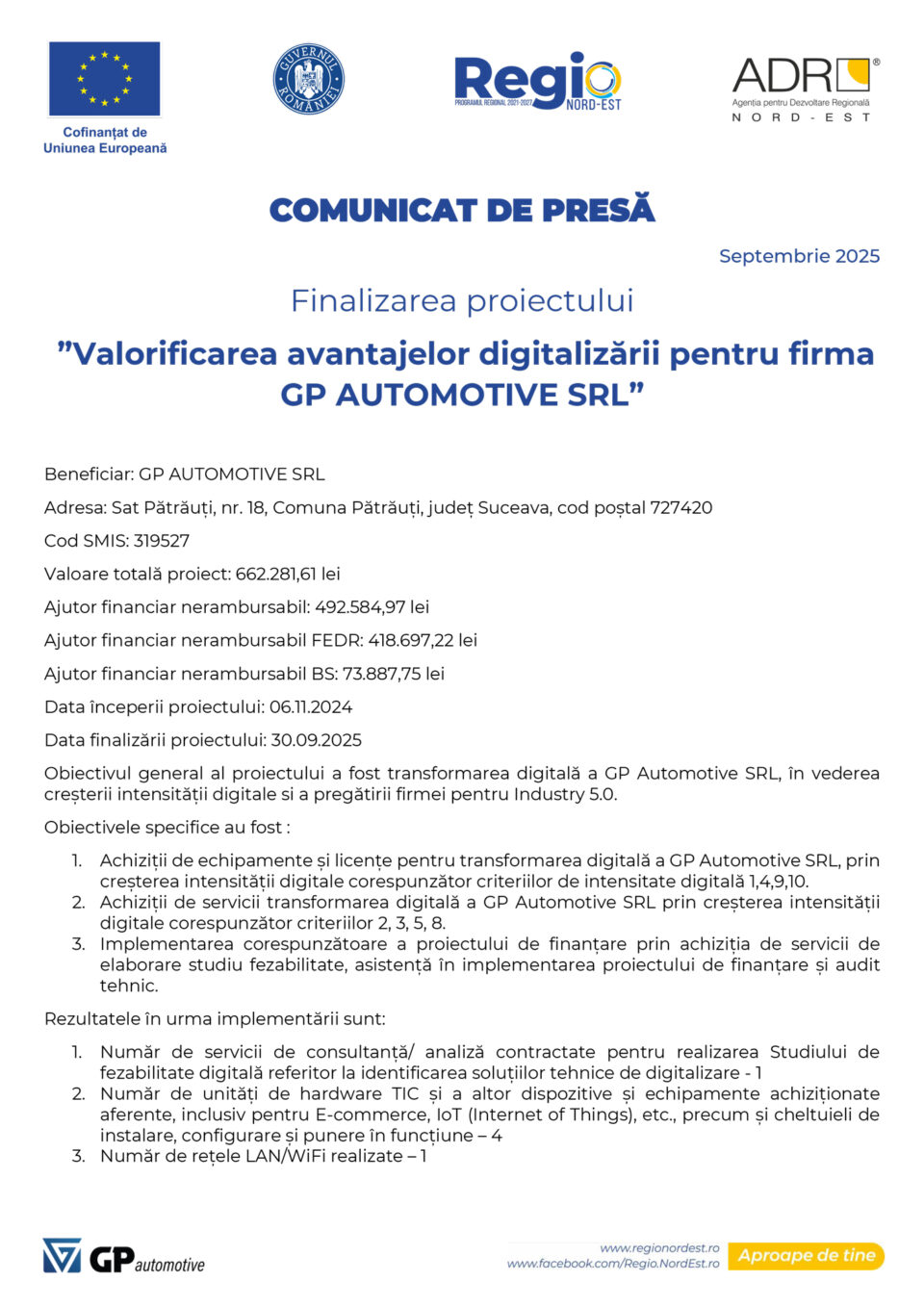 Finalizarea proiectului ”Valorificarea avantajelor digitalizării pentru firma GP AUTOMOTIVE SRL”