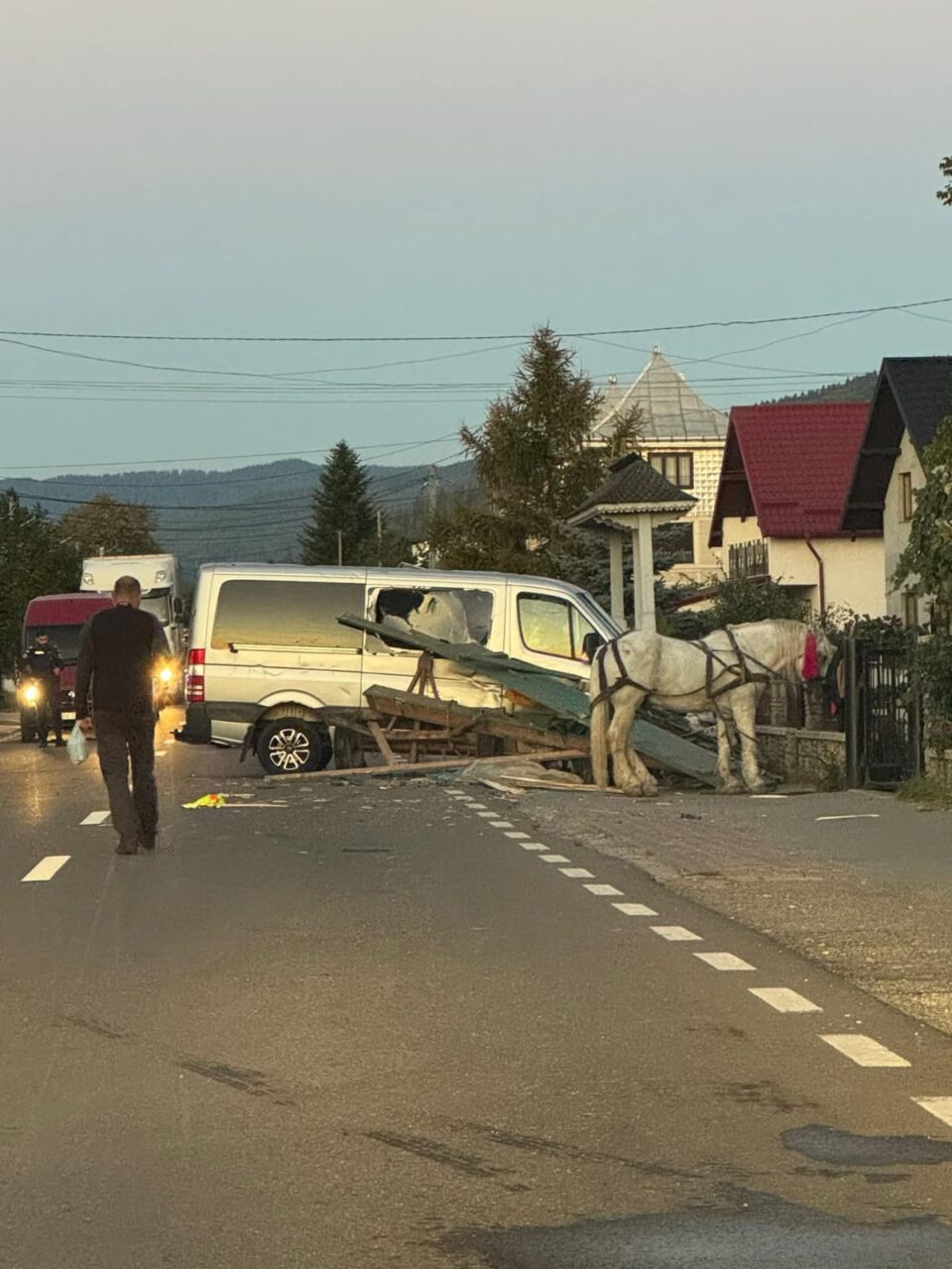 Șoferul unui microbuz a intrat violent într-o căruță, în timp ce depășea alt atelaj hipo
