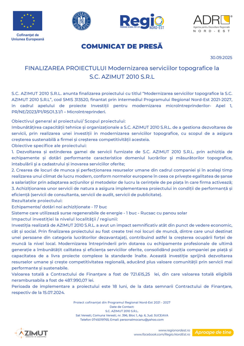 Finalizarea proiectului Modernizarea serviciilor topografice la  S.C. AZIMUT 2010 S.R.L