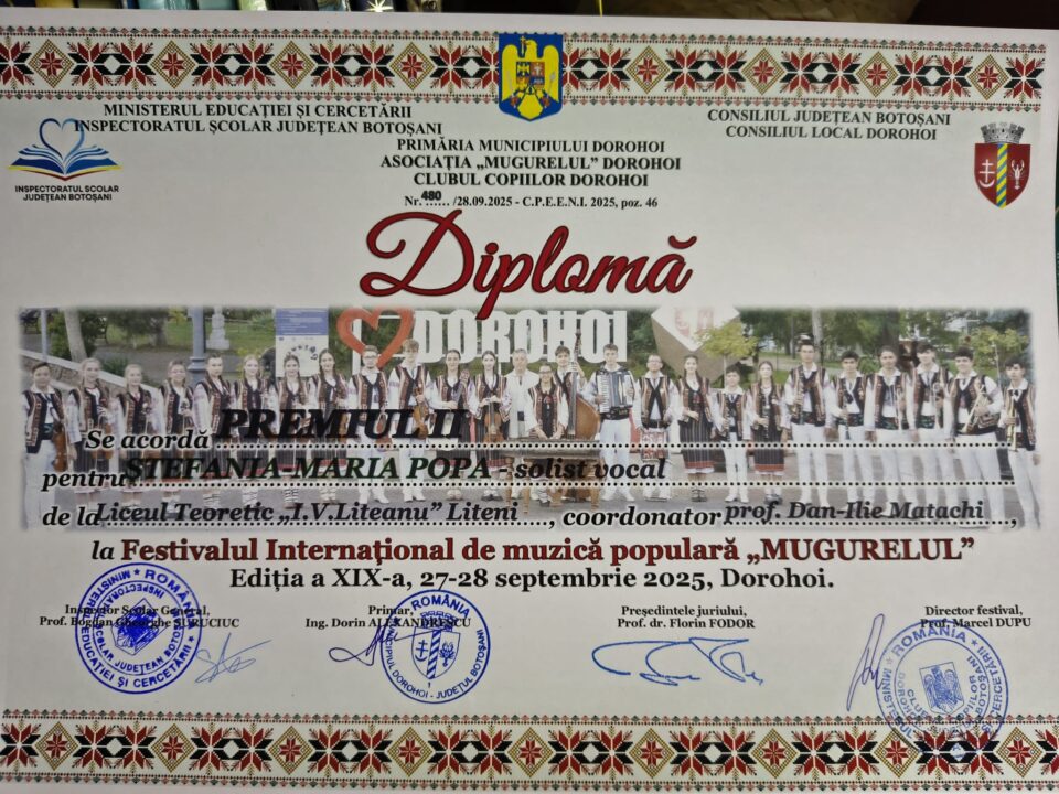 Talent și emoție pe scena de la Dorohoi – Premiul II pentru eleva Ștefania Maria Popa, la Festivalul-Concurs de Muzică Populară „Mugurelul”