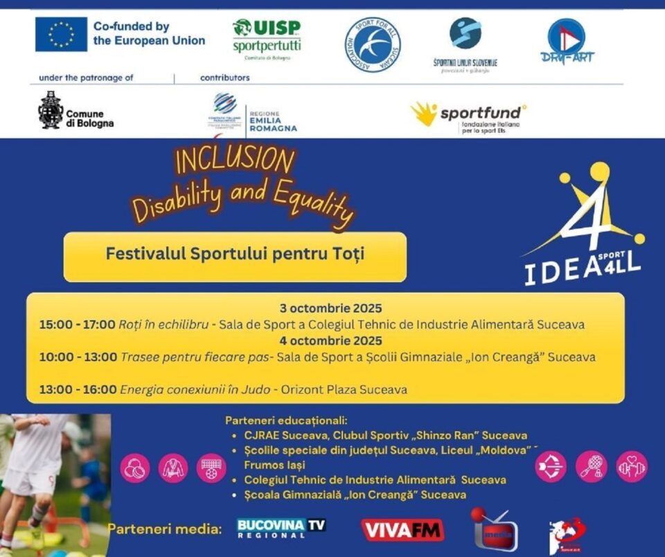Festivalul „IDEAL Sport4All”, două zile de sport, incluziune și activități recreative adaptate pentru copii și tineri cu dizabilități