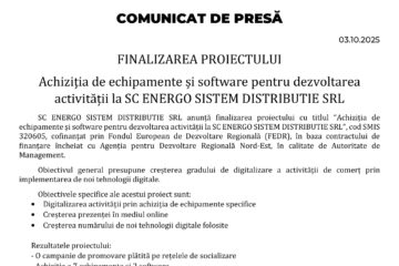 FINALIZAREA PROIECTULUI Achiziția de echipamente și software pentru dezvoltarea activității la SC ENERGO SISTEM DISTRIBUTIE SRL