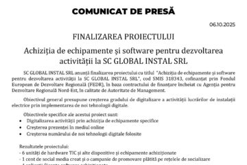 Finalizarea proiectului Achiziția de echipamente și software pentru dezvoltarea activității la SC GLOBAL INSTAL SRL