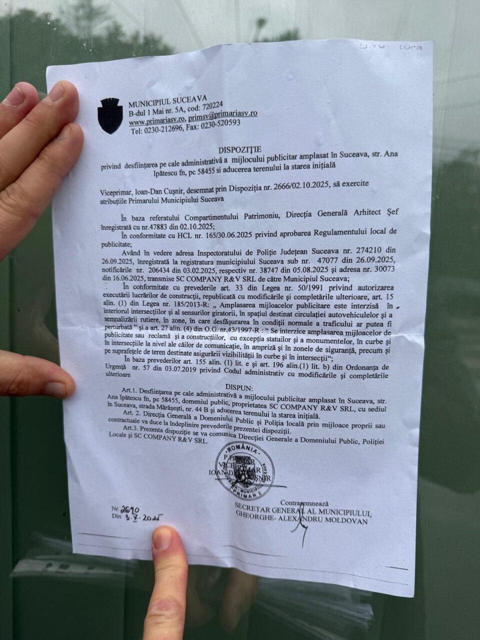 Dispoziția semnată de viceprimarul Cușnir prin care urma să se desființeze panoul publicitar