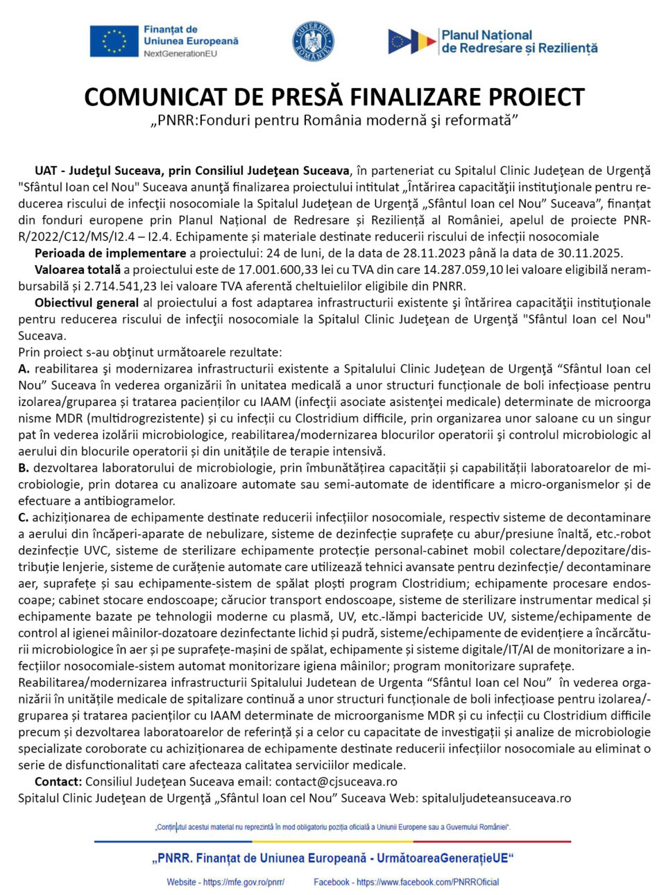 Întărirea capacităţii instituţionale pentru reducerea riscului de infecţii nosocomiale la Spitalul Judeţean de Urgenţă „Sfântul Ioan cel Nou” Suceava