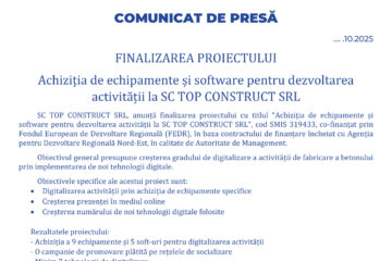 Finalizarea proiectului Achiziția de echipamente și software pentru dezvoltarea activității la SC TOP CONSTRUCT SRL