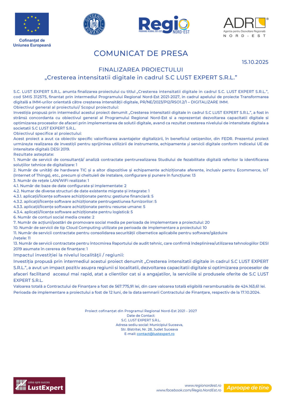 Finalizarea proiectului Cresterea intensitatii digitale in cadrul S.C LUST EXPERT S.R.L.