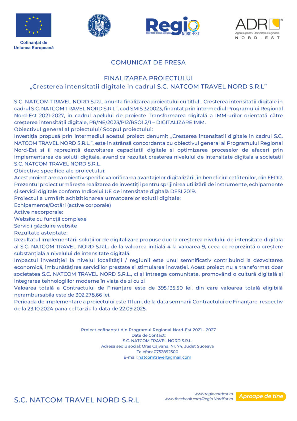 Finalizarea proiectului Cresterea intensitatii digitale in cadrul S.C. NATCOM TRAVEL NORD S.R.L