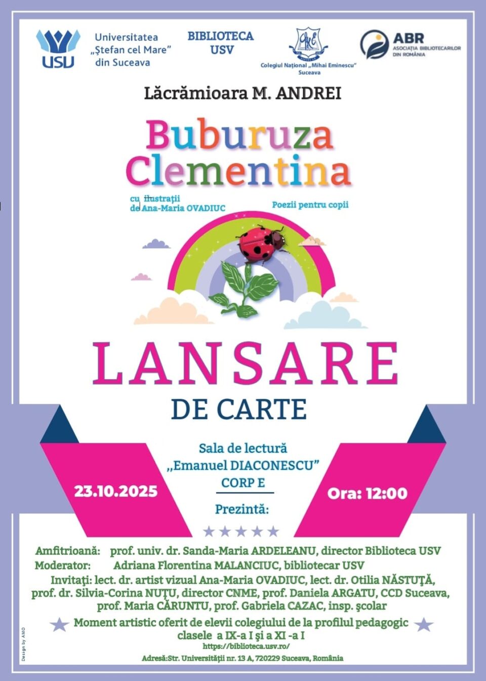 Volumul de poezii pentru copii „Buburuza Clementina”, de Lăcrămioara Andrei, va fi lansat joi
