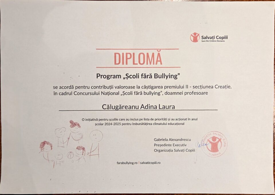 Elevi de la Știrbăț, premiați de Salvați Copiii, pentru lupta împotriva bullyingului