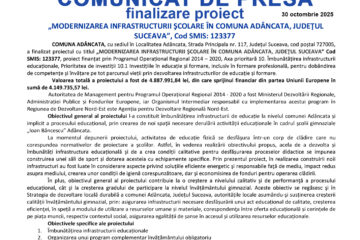 Comunicat de presă finalizare proiect  „MODERNIZAREA INFRASTRUCTURII ŞCOLARE ÎN COMUNA ADÂNCATA, JUDEŢUL SUCEAVA”, Cod SMIS: 123377 Comunicat de presă finalizare proiect  „MODERNIZAREA INFRASTRUCTURII ŞCOLARE ÎN COMUNA ADÂNCATA, JUDEŢUL SUCEAVA”, Cod SMIS: 123377