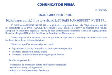 Finalizarea proiectului Digitalizarea activității de consultanță la SC DARS MANAGEMENT INVEST SRL Finalizarea proiectului Digitalizarea activității de consultanță la SC DARS MANAGEMENT INVEST SRL