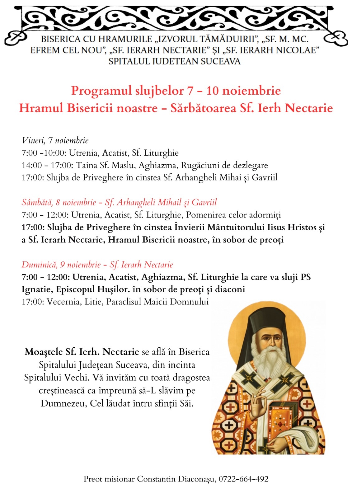 PS Ignatie, Episcopul Hușilor, va sluji duminică la Biserica cu hramul „Sfântul Ierarh Nectarie”, din curtea Spitalului Vechi Suceava