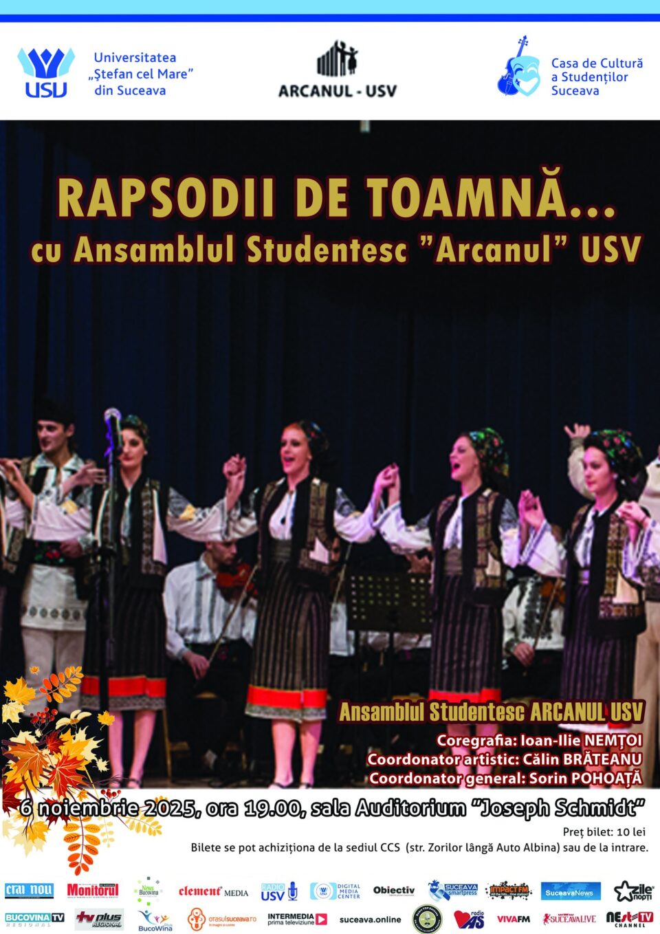 „Rapsodii de toamnă”, cu Ansamblul „Arcanul” USV, pe scena Universității Suceava